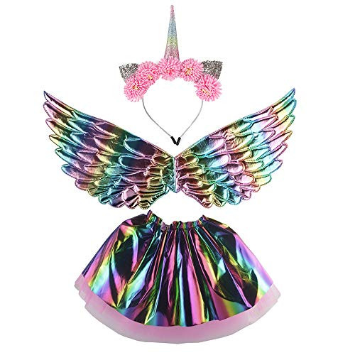 Unicorn Costume for Girls Dress Up Clothes for Little Kids Rainbow Unicorn Wings Tutu Skirt with Headband Birthday Party