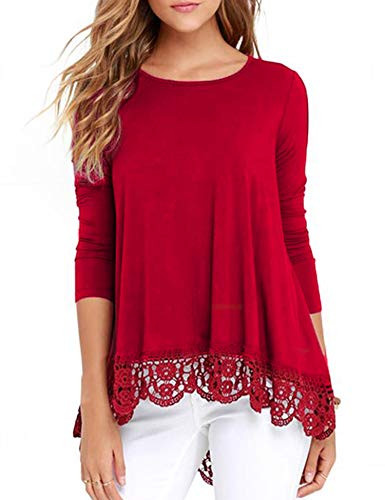 DOSWODE Womens Tops Long Sleeve Lace Trim O-Neck A-Line Tunic Blouse Shirts Red M