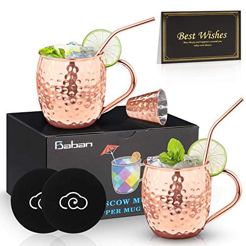 Baban Moscow Mule Copper Mugs Set of 2 Handcrafted Food Safe Copper Cups for Moscow Mule Cocktail Drinking Mug 500 ML Gift Set Includes 1 Measuring cup