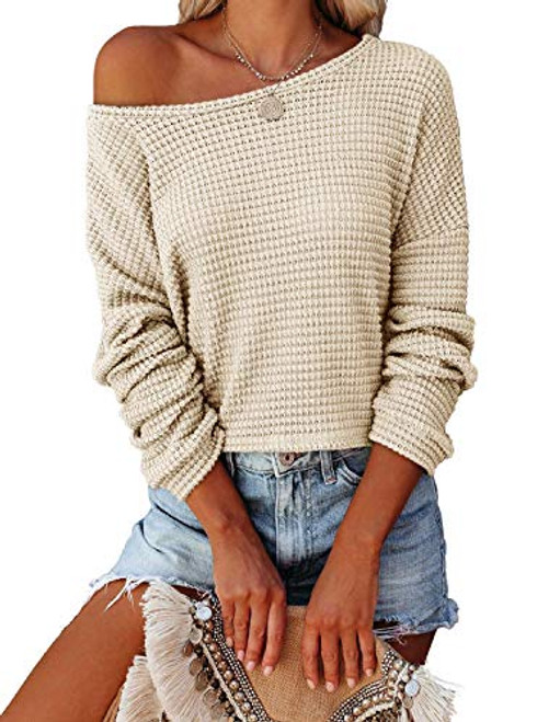 Womens Long Sleeve Waffle Knit Tops Crew Neck Oversized Sweater Pullover Apricot S