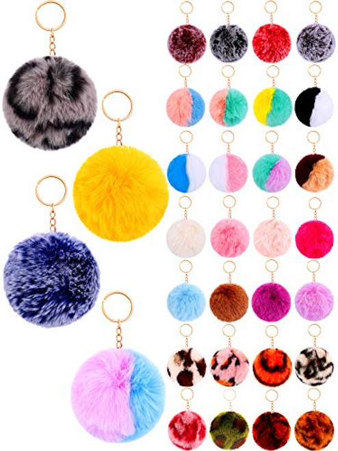 36 Pieces Pom Poms Keychain Fluffy Ball Key Chain Faux Fur Pompoms Ball Keychains Faux Rabbit Fur Fluffy Puff Ball Keychain for Girls Women Hats Shoes Bags Accessories