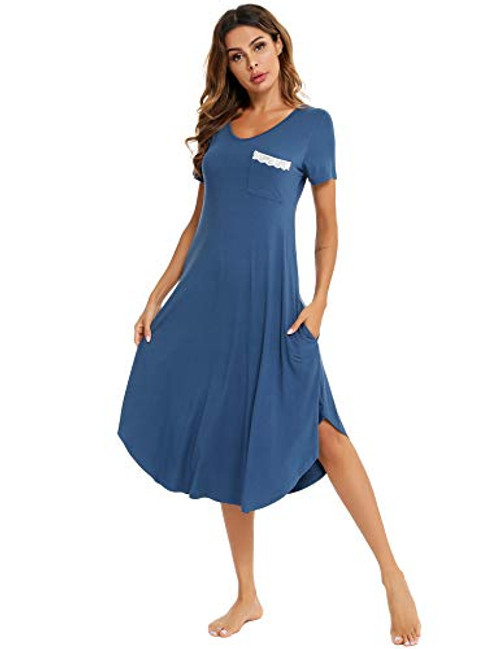 AGFAN Womens Nightshirt Sleeve Sleepwear Long Nightgown Casual V Neck Short Sleeve Sleep Dress Blue L
