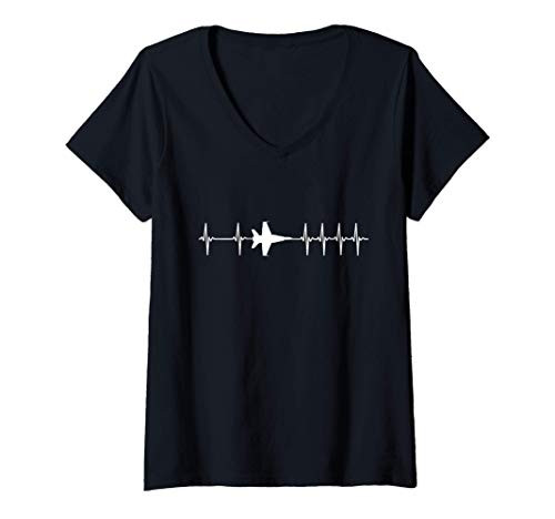 Womens FA-18 Super Hornet ECG Heartbeat Airplane V-Neck T-Shirt