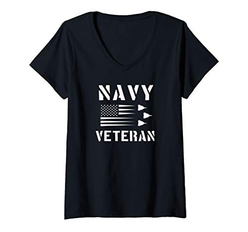 Womens Navy Veteran F-14 Tomcat American Flag tshirt V-Neck T-Shirt