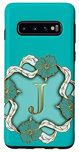 Galaxy S10 Aesthetic Turquoise Blue Floral Flower Initial J Monogram Case