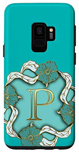 Galaxy S9 Aesthetic Turquoise Blue Floral Flower Initial P Monogram Case