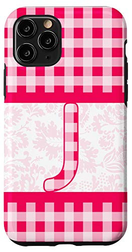 iPhone 11 Pro Letter J Initial Monogram Pink Gingham Plaid Floral Pattern Case