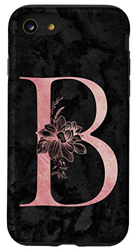 iPhone SE 2020  7  8 Letter B Monogram Initial Pink Rose on Black Grunge Design Case