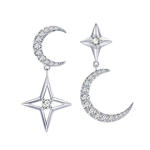 BAMOER Moon Star Charms Stud Earrings For Women Platinum Plated 925 Sterling Silver With Cubic Zirconia Drop Earrings For Girls BAMOER Moon Star Charms Stud Earrings For Women Platinum Plated 925 Sterling Silver With Cubic Zirconia Drop Earrings For Girls