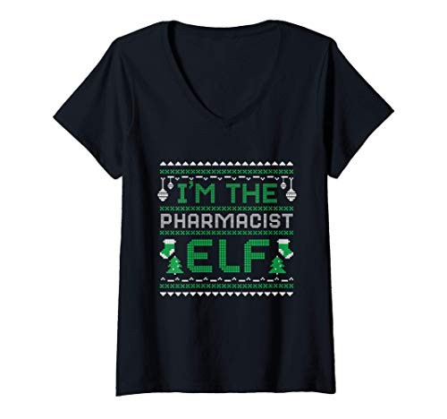 Womens Pharmacist Christmas Elf Pharmacy Tech Technician Gift V-Neck T-Shirt
