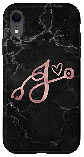 iPhone XR Cute Letter J Initial Monogram Nurse Rose Pink Stethoscope Case
