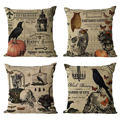 YeeJu Set of 4 Halloween Decorative Throw Pillow Covers Skull Owl Crow Pumpkin Cotton Linen Cushion Covers Outdoor Couch Sofa Home Pillow Cases 18x18 Inch