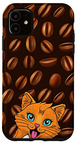iPhone 11 Happy Orange Cat Coffee Beans Pattern Animal Head Case