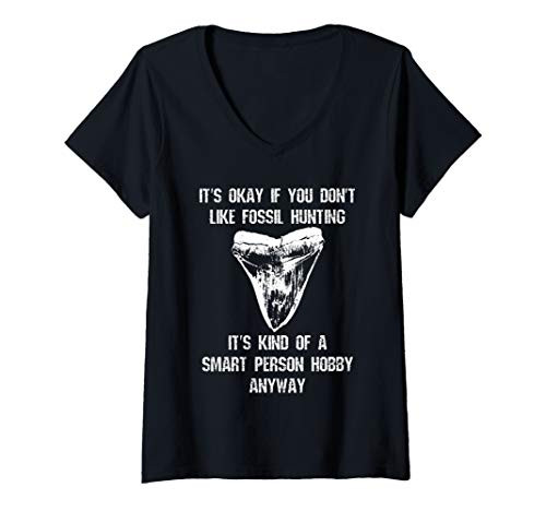 Womens Fossil Hunting Megalodon Smart Person Hobby Funny Humor V-Neck T-Shirt