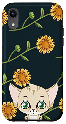iPhone XR Cartoon Kitten Calendula Flower Floral Pattern Animal Head Case