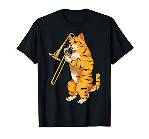 Funny Cat Playing Trombone Gift  Cool Kitten Musician Fan T-Shirt