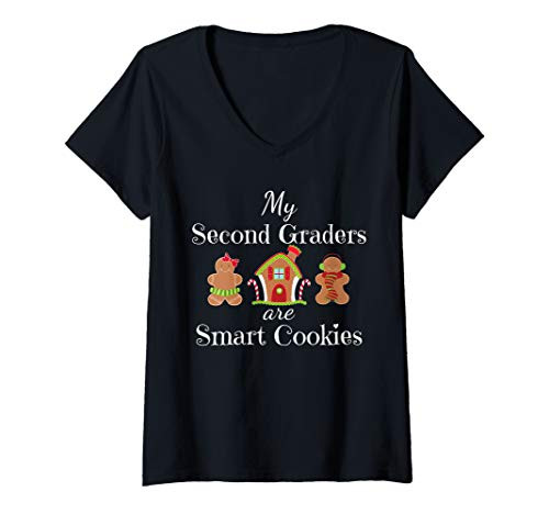 Womens Christmas 2nd Grade Teacher Second Graders Smart Cookies V-Neck T-Shirt