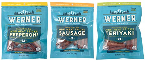 Werner Mini Sausage Sticks Pepperoni Sticks Teriyaki Meat Sticks Variety Pack of 3  5 Ounce Resealable Bag