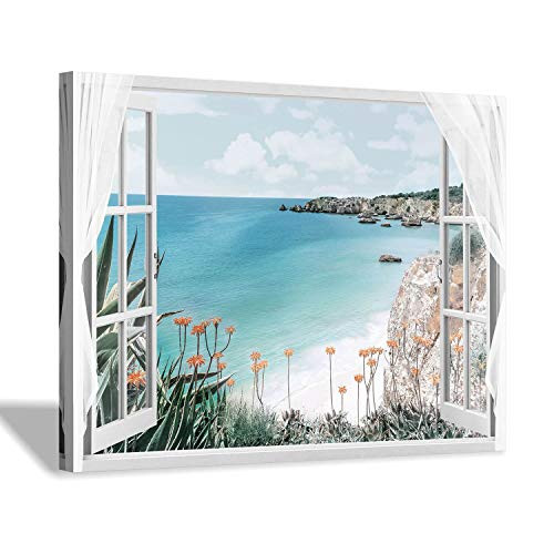 Hardy Gallery Coastal Painting Seascape Wall Art Open Window View Picture Blue Ocean   Beach Artwork on Canvas for Bedroom 16 x 12 x 1 Panel
