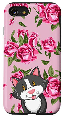iPhone SE 2020  7  8 Happy Grey Cat Vintage Rose Pattern Animal Head Case