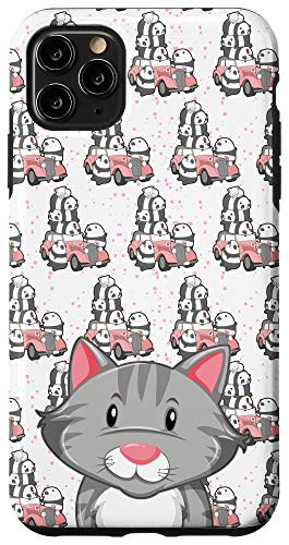 iPhone 11 Pro Max Grey Cat Kawaii Pandas Vintage Car Pattern Animal Head Case
