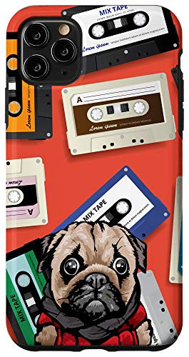iPhone 11 Pro Max Cartoon Pug Vintage Retro Cassette Tape Pattern Animal Head Case
