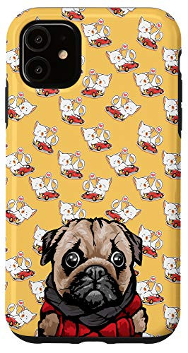 iPhone 11 Cartoon Pug Kawaii Cat Loves Vintage Car Pattern Animal Head Case