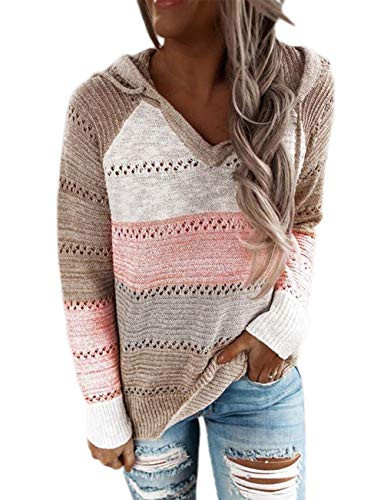 N  D Womens Hooded Sweater Casual Rib Knitted Long Sleeve Loose Fitting Pullover with Drawstring Hood Pink XL