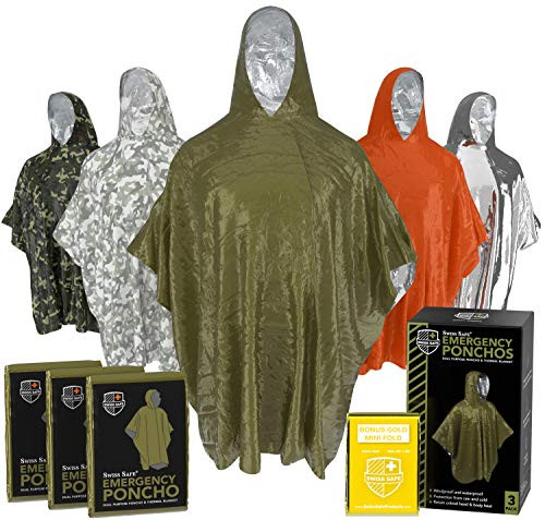 Emergency Rain Ponchos 3-Pack Reusable Mylar Poncho for Men Women Kids Adults  Emergency Gold Thermal Blanket for Camping Hiking   Outdoors Army Green