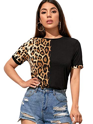 SOLY HUX Womens Short Sleeve Leopard Print T Shirt Color Block Casual Tee Top Multicoloured M