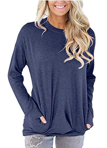 onlypuff Loose Fit Shirts for Women Navy Blue Shirt with Pockets Casual Tunic Top S