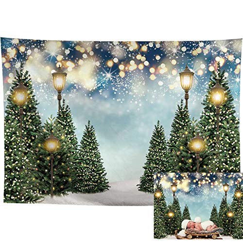 Allenjoy 7x5ft Christmas Winter Wonderland Backdrop Bokeh Glitter Halo Snowflake Xmas Tree Forest Street Lamp Snow Kids Photography Background for Holiday Portrait Photocall Banner Photo Studio