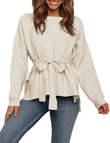 ZESICA Womens Long Sleeve Crew Neck Solid Color Side Split Oversized Knit Pullover Sweater Jumper Tops with Belt Yellow