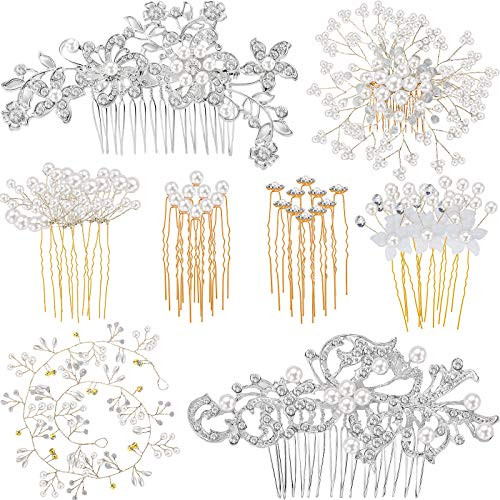 44 Pieces Wedding Hair Comb Faux Pearl Crystal Bride Hair Accessories Hair Side Comb Clips U-shaped Flower Rhinestone Pearl Hair Clips for Bride Bridesmaid Rose Gold
