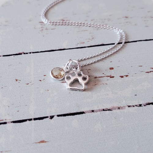 Sterling Silver Paw Print Charm Necklace with November Birthstone 18 tiny size Sterling Silver Paw Print Charm Necklace with November Birthstone 18 tiny size