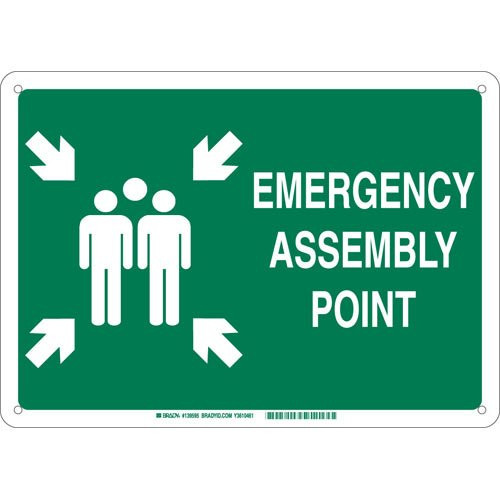 Brady 139601 AluminumEmergency Assembly Point Sign Text and Symbol 10 H x 14 W White on Green