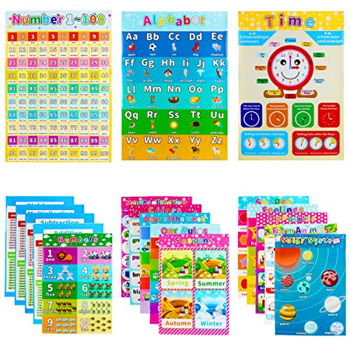 18 Piece Educatinal Poster for Kindergarten with Waterproof Preschool Alphabet Poster and Number 1-100 Chart