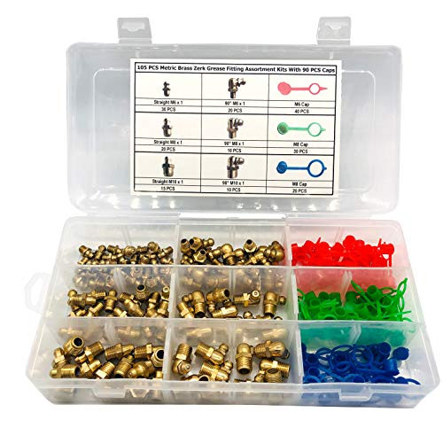 105 pcs Metric MM Straight and 90 Degree Brass Zerk Grease Nipple Fitting Assortment Kits M6 M8 M10 with 90pcs Cap