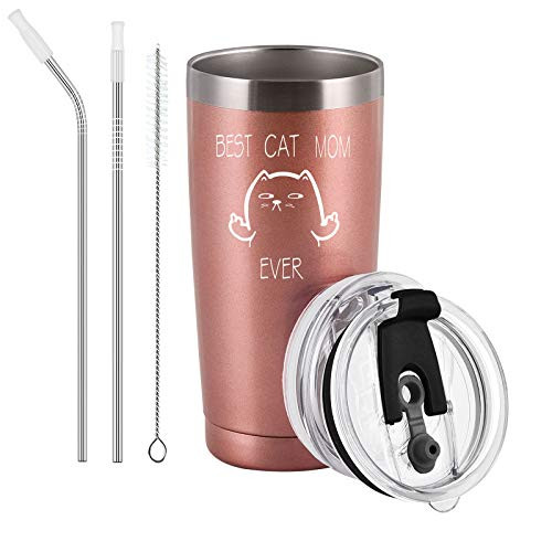 Gifts for Mom Best Cat Mom Travel Tumbler Funny Cat Themed Birthday Christmas Gifts for Cat Mom Pet Lover Cat Owner Fur Mom Women Mothers Day Stainless Steel Tumbler with 2 Lids20oz Rose Gold