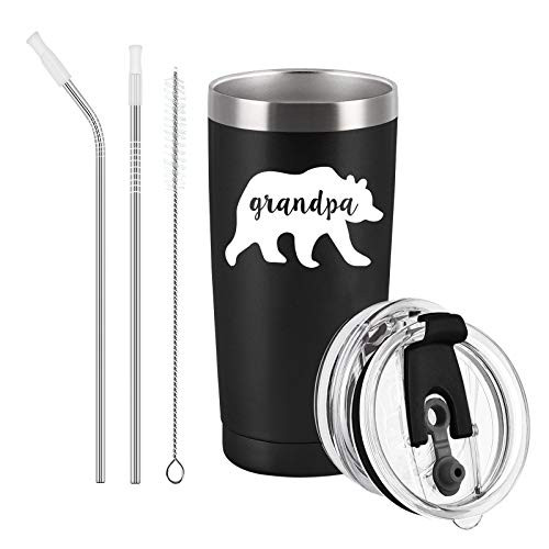 Gingprous Grandpa Bear Travel Tumbler Gifts for Men Best Grandpa Birthday Gifts for Grandpa New Grandpa Fathers Day Christmas Xmas Present Stainless Steel Travel Tumbler with 2 Lids20 Oz Black