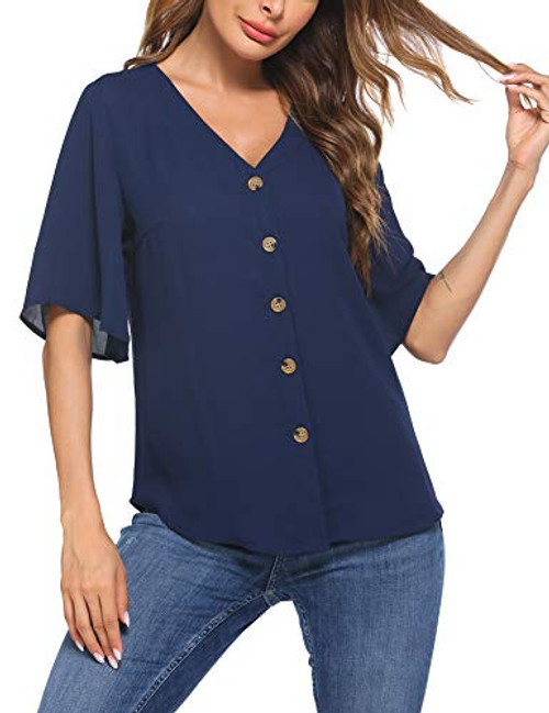 Meaneor Flowy Button Down Blouses for Women Short Sleeve V Neck Button Down T Shirts Summer CasualNavy M