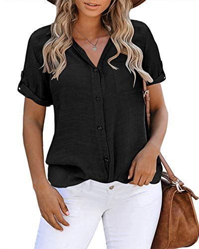 Inorin Womens Button Down Shirts Short Sleeve Collared Work Business Office Casual V Neck Tops Blouses Black