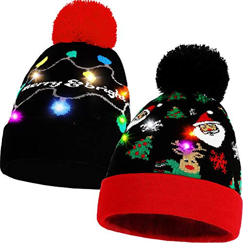 BLUBOON Women Kids Christmas LED Light Up Beanie Hat Knitted Ugly Sweater Holiday Beanie Novelty Xmas Santa Reindeer Hats 2pcs