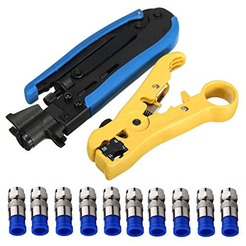 Knoweasy Coaxial Compression Tool Coax Cable Crimper KitF-Type Crimper Cable Tech RG6 RG59 RG11 with Coaxial Cable Stripper and 10 pcs Coax Cable Crimper Kit
