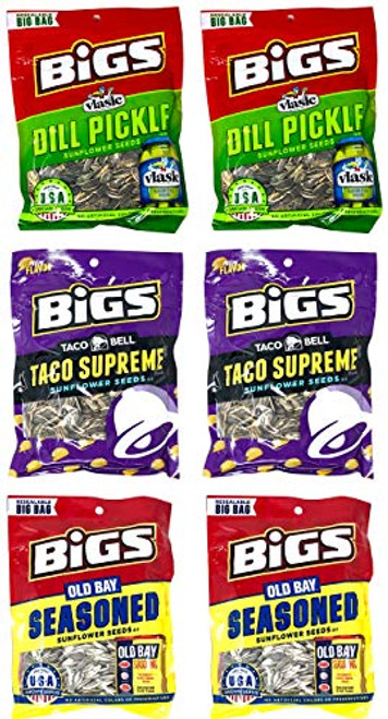 Bigs Sunflower Seeds Variety Pack of 6 5_35 Ounces Taco Supreme Dill Pickle and Old Bay Seasoned Seeds Bigs Sunflower Seeds Variety Pack of 6 5_35 Ounces Taco Supreme Dill Pickle and Old Bay Seasoned Seeds