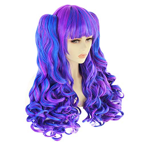 ANOGOL HairCap Blue Cosplay Wig Multi-Color Long Wig Ombre Purple Cosplay Wig