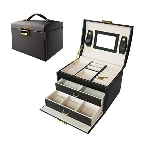 DOURR Jewelry Box Travel Portable Jewelry Organizer Lockable Mirrored Small Storage Case for Women and Girls Black