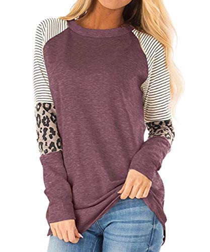 GSFANG Womens Long Sleeve Leopard Color Block Tunic Comfy Stripe Round Neck T Shirt Tops Purple 2XL