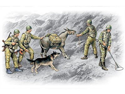 ICM 135 Scale Soviet Sappers 1979-1988 4 Figures - 3 Soldiers 1 Sapper Donkey Figure Dog Figure - Plastic Model Building Kit  35031
