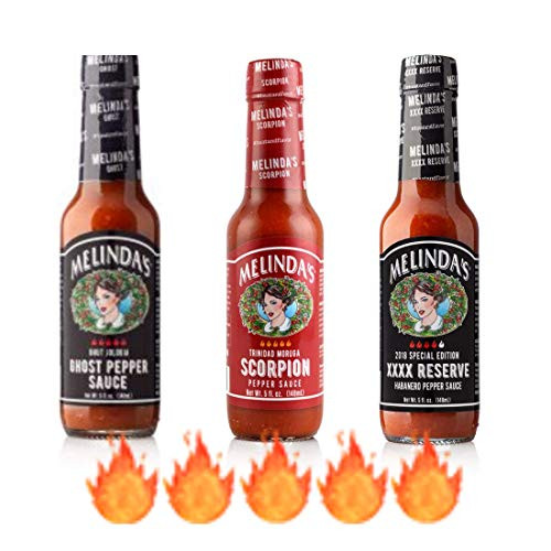 Melindas Extreme Fiery Collection 3 pack Melindas Ghost Pepper Sauce Melindas Scorpion Pepper Sauce and Melindas Original Habanero XXXXtra Reserve Hot Sauce